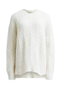 Pull en maille torsadée blanc à manches longues avec encolure ronde, poignets et ourlet côtelés, présentant un motif tressé texturé sur toute la surface.