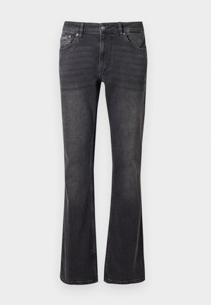 Jeans negri din denim cu un design evazat, cinci buzunare și închidere cu un buton metalic. Materialul are o textură netedă cu o ușoară decolorare.