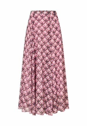 Ružová midi sukňa do tvaru A s priehľadnou látkou a červeno-čiernym károvaným vzorom, vzdušný dizajn a vysoký pás.