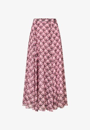 Pink A-line midi skirt with sheer fabric and red-black plaid pattern, flowy design, and high waist.