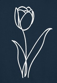Dessin en ligne blanche d'une fleur de tulipe avec deux feuilles sur un fond bleu foncé.