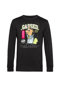 Černá mikina s dlouhým rukávem, na které je kreslený grafický motiv postavy se žlutou kravatou. Text obsahuje "Gassed" a "Pure Science" v tučných písmenech.