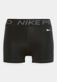Czarne spodenki Nike Pro z szarą elastyczną gumą w talii z logo. Gładki materiał o dopasowanym kroju, bez widocznych wzorów.