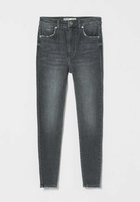Jeans ajustados de color gris oscuro, hechos de mezclilla, con cinco bolsillos, cierre de botón y un ligero desgastado en toda la prenda. El dobladillo está ligeramente deshilachado.