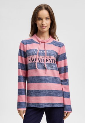Gestreiftes Langarmshirt in Pink und Marineblau mit Kapuze und Kordelzug, vorne mit grafischem Text und lockerem Schnitt. Weiche Stoffstruktur.