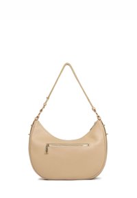 Borsa a spalla in pelle beige con forma arrotondata. Presenta una tasca con zip frontale, una tracolla regolabile e dettagli di cucitura sottili.
