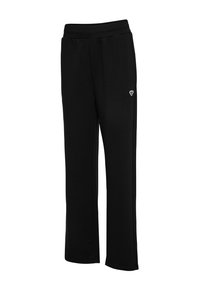 Schwarze, weiche, lässig geschnittene Hose mit elastischem Bund und Seitentaschen. Mit kleinem weißem Logo auf der linken Seite.