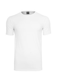 Tricou alb simplu, cu mânecă scurtă și gât rotund, pe un fundal alb, prezentând fața cu eticheta de marcă vizibilă în colier.
