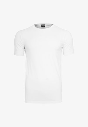 T-shirt bianco a maniche corte con scollo rotondo su sfondo bianco, mostrando la vista frontale con etichetta del marchio visibile all'interno del colletto.