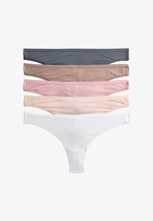 Pięć damskich stringów w jednolitych kolorach, ułożonych pionowo od ciemnoszarego do białego na białym tle.