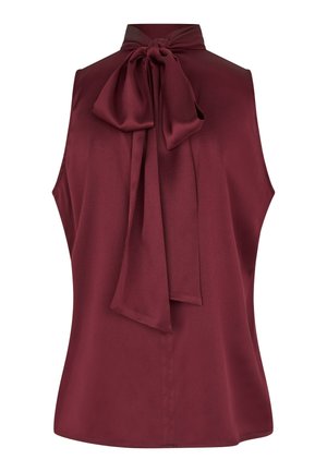 Burgunderfarbene ärmellose Bluse mit hohem Kragen und einer Schleifendetail auf der Rückseite, aus glattem Stoff gefertigt. Mit geradem Saum und ohne sichtbare Verschlüsse.