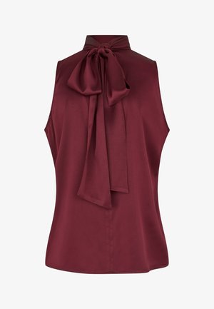 Burgundivärinen ilmanhiha toppi, jossa on korkea kaulus ja nauhaliitos takana, valmistettu sileästä kankaasta. Ominaisuudet: suora helma ja ei näkyviä kiinnityksiä.