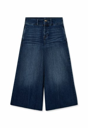 Tmavomodré široké zúžené džínsy z crop džínsoviny s prednými vreckami, zapínaním na gombíky a jemne vyblednutým efektom na stehnách a kolenách.