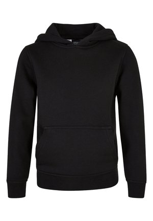 Svart hoodie av mjukt bomullsmaterial. Har en framficka, ribbade ärmslut och nederkant. Slät textur, inga mönster eller detaljer.