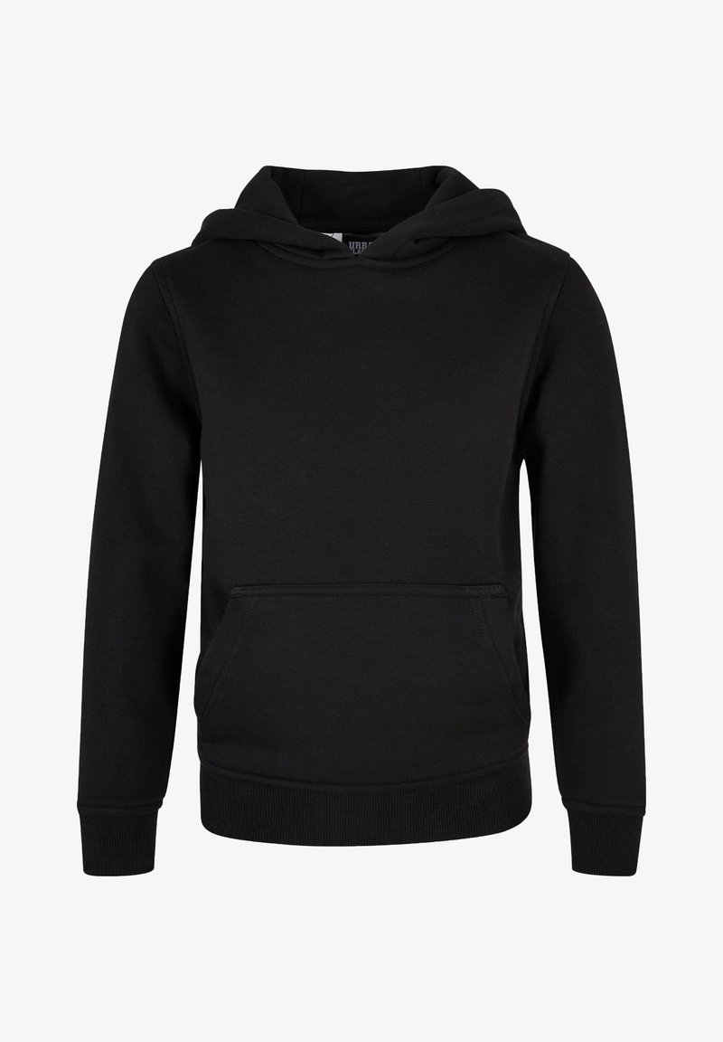 Zwarte hooded sweatshirt gemaakt van zacht katoen. Beschikt over een kangoeroezak aan de voorkant, ribgebreide manchetten en zoom. Gladde textuur, zonder patronen of accenten.
