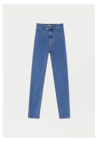 Modré džíny z denimu s vysokým pasem, úzkým střihem a pěti kapsami. Obsahují kovové zapínání na knoflík a kontrastní stehy.