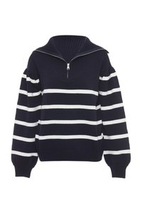 Navy en witte gestreepte pullovertrui met een hoge kraag, ritssluiting en pofmouwen. Zacht gebreid materiaal met geribbelde textuur.