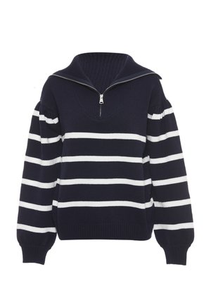 Navy and white striped pullover sweater with a high collar, zip closure, and puffy sleeves. Soft knit material with ribbed texture.