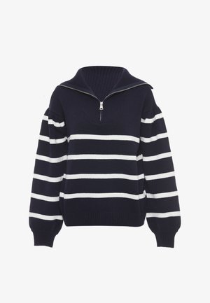 Suéter de rayas en azul marino y blanco con cuello alto, cierre de cremallera y mangas abullonadas. Material de punto suave con textura acanalada.