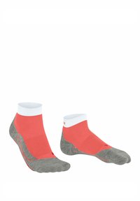 Koraleowe i szare skarpetki niskie z białymi mankietami, z teksturowanymi wzorami oraz wzmocnionymi piętą i palcami dla zwiększonej trwałości.
