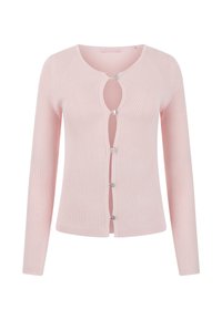 Růžový žebrovaný kardigan s dlouhými rukávy, s předním výstřihem ve tvaru klíčové dírky a stříbrnými knoflíkovými detaily. Měkká, texturovaná látka s přiléhavým střihem.