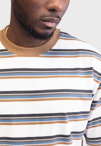 Striped t-shirt featuring horizontal lines in brown, blue, and black on a white background, with a round, brown ribbed neckline.