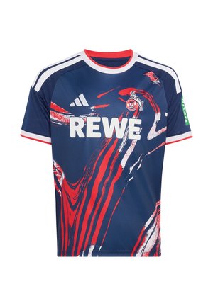 Mørkeblå fodboldtrøje med røde og hvide abstrakte striber, hvid REWE sponsorfirmanavn, Adidas-logo samt 1. FC Köln-klubmærke på brystet.