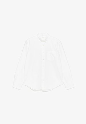 Weißes Langarm-Hemd mit Knopfleiste aus Baumwolle. Verfügt über einen klassischen Kragen, eine Brusttasche und einen abgerundeten Saum. Glatte Textur, ohne Muster.