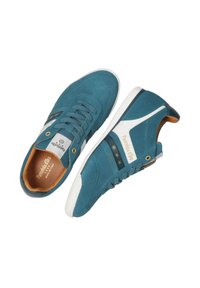 Sneakers blu scamosciati con accenti bianchi, punta rotonda, lacci piatti, design laterale perforato e dettagli a stella dorati sui lati.