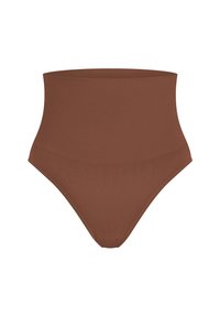 Bruine high-waisted bikini onderkant van ribbelstof, met een gladde textuur en een aansluitend ontwerp met een minimalistische silhouet.