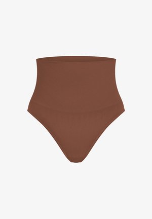 Halki-eli ruskea bikinitoppi, joka on valmistettu urheilupinnoitteesta, jossa on sileä pinta ja vartalonmyötäinen muotoilu, jossa on minimalistinen siluetti.