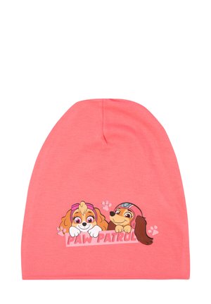 Pink beanie with two Paw Patrol puppies wearing helmets, paw prints, and "Paw Patrol" text on front center.