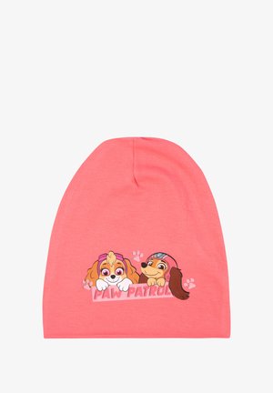 Pink beanie with two Paw Patrol puppies wearing helmets, paw prints, and "Paw Patrol" text on front center.