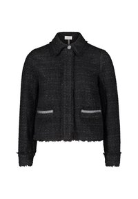 Czarna marynarka w kratę z kołnierzykiem, posiadająca zapięcie na guziki, dwie przednie kieszenie z srebrnymi akcentami oraz postrzępione brzegi przy mankietach i u dołu.