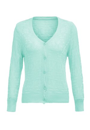 Cardigan tricotat de culoare verde mentă, cu decolteu în V, mâneci lungi și închidere cu nasturi în față. Model texturat pe toată suprafața, cu manșete și tiv ribbed.