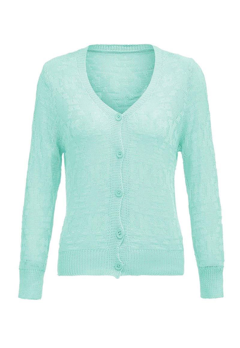 Mintgrön stickad cardigan med V-halsringning, långa ärmar och knappstängning fram. Texturerat mönster genomgående, ribbade ärmslut och nederkant.