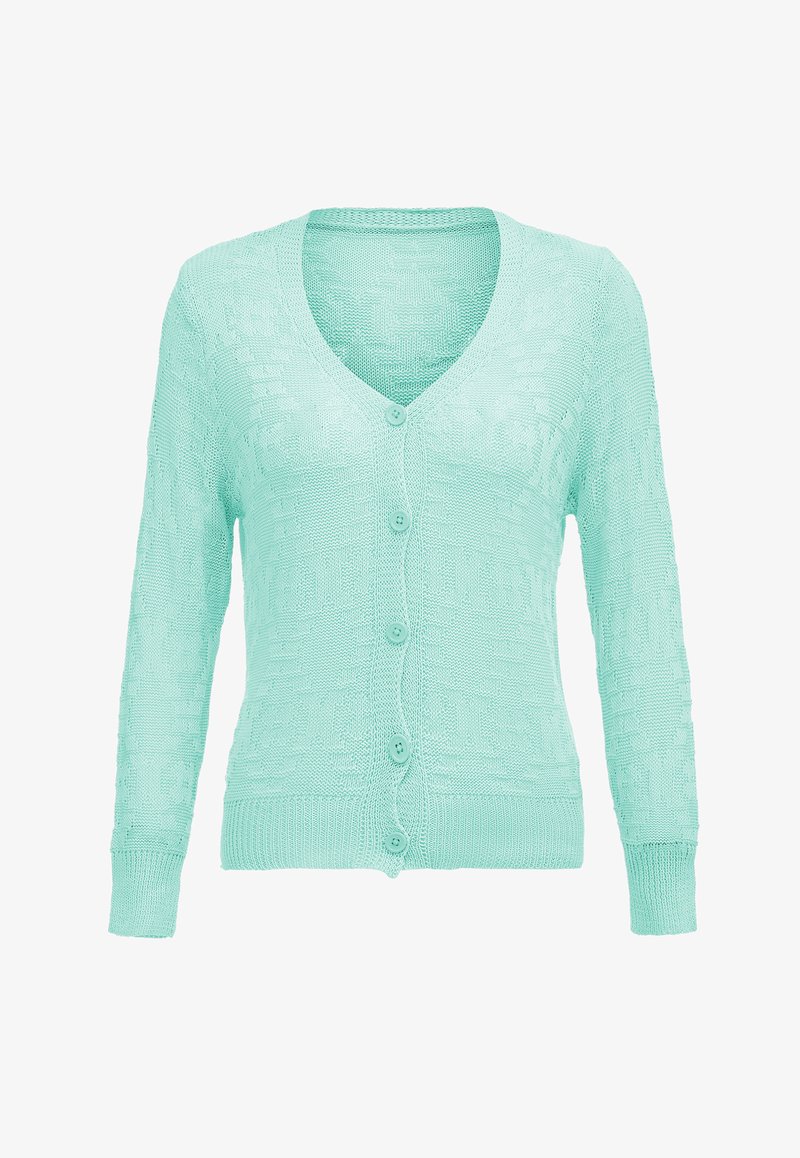 Menta zöld kötött kardigán V-nyakkal, hosszú ujjal és elöl gombos záródással. Különleges textúrájú mintázat, bordás mandzsetta és szegély.