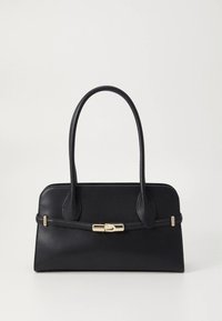 Black leather handbag with a structured shape, featuring a gold buckle detail and smooth texture. Two curved handles for carrying.