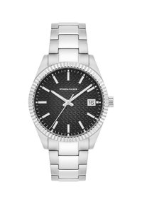 Montre en métal avec un bracelet en acier inoxydable argenté, un cadran noir texturé, des index horaires argentés, et une fenêtre de date à 3 heures.