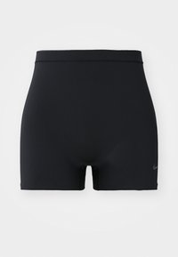 Crne sportske kratke hlače od glatkog, elastičnog materijala, s srednje visokim pojasom i malim Nike logom s lijeve strane.