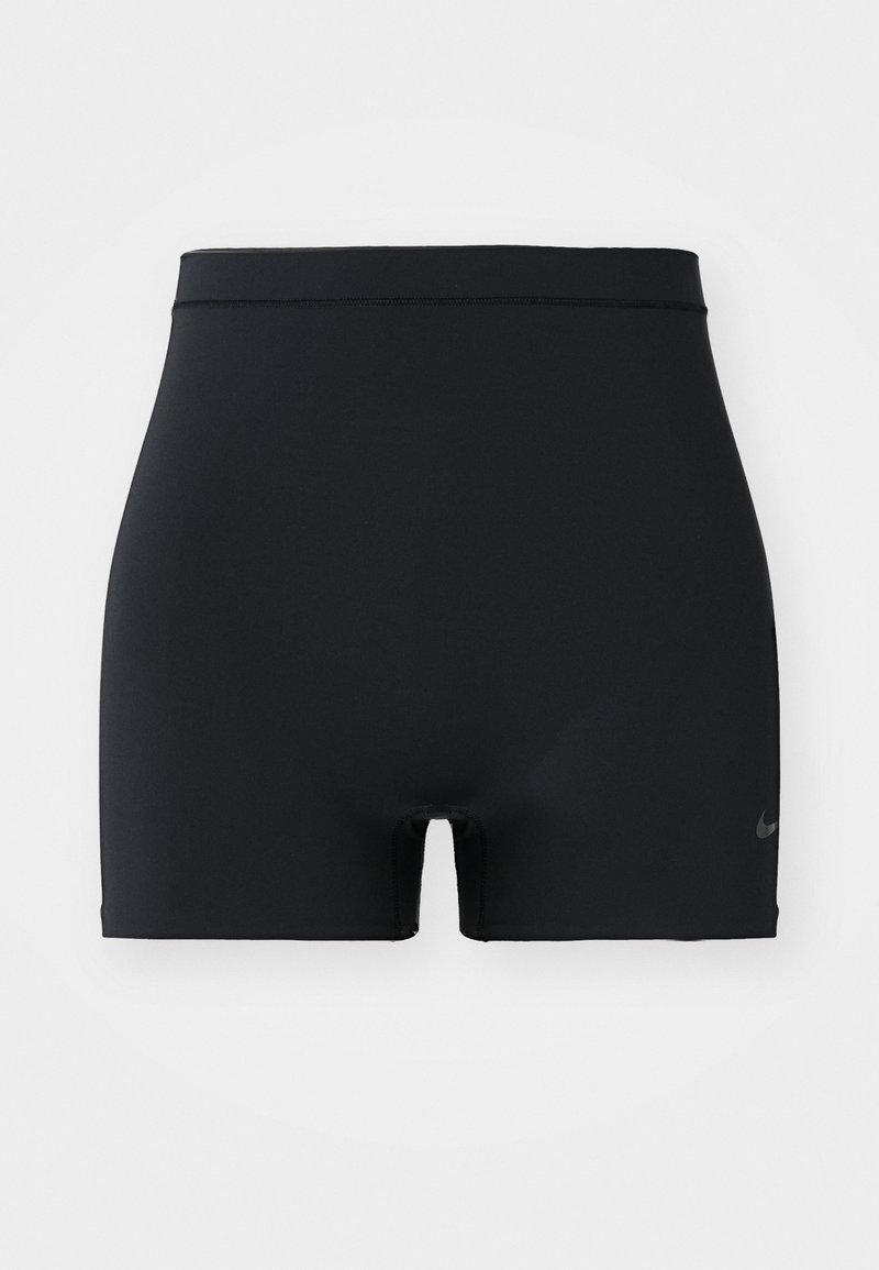 Pantalones cortos deportivos negros hechos de un material suave y elástico, con una cinturilla de altura media y un pequeño logo de Nike en el lado izquierdo.