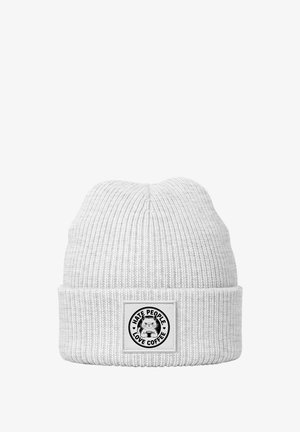 White knit beanie with ribbed texture, featuring a rectangular black and white patch with the text "HATE PEOPLE LOVE COFFEE" and a cartoon cat.