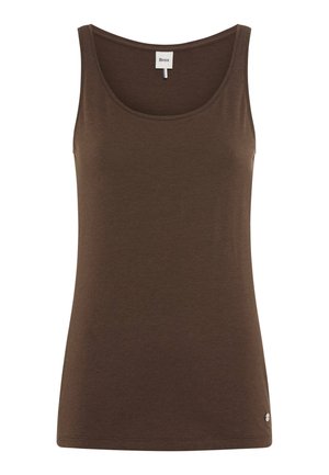 Brown sleeveless tank top with scoop neckline and small brand logo near hem, made of soft, smooth fabric.