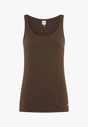 Canotta marrone senza maniche con scollo a rotondo e piccolo logo del marchio vicino all'orlo, realizzata in tessuto morbido e liscio.