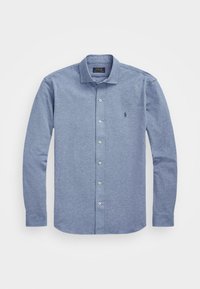 Modrá košile s dlouhým rukávem na knoflíky z texturované látky, s klasickým límečkem, předním zapínáním na knoflíky a malým logem na hrudi.