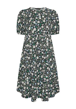 Sort midi-kjole med korte pufærmer, rund halsudskæring og et gennemgående mønster af hvide og blå margueritblomster.