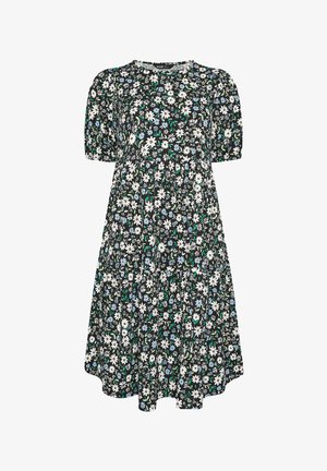 Abito midi nero con maniche corte a sbuffo, scollo rotondo e motivo floreale di margherite bianche e blu su tutta la superficie.