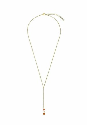 Collier délicat en chaîne d'or avec une chute en forme de Y présentant un pendentif en ambre rond et en forme de goutte.