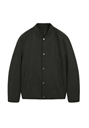 Dark grey wool jacket with a rounded neckline, snap button closure, and two side pockets. Smooth texture and slightly padded design.