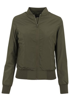 Giacca bomber verde oliva con zip frontale, polsini e orlo a costine, materiale leggero e un design semplice senza ulteriori fantasie.